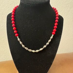 Nakamol Thailand coral red color and faceted silver tone etched beaded necklace